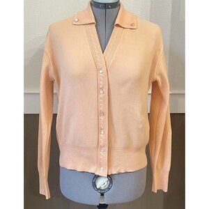 Retro Polyester Cardigan Size M Orange Sweater Collared V-neck Ponte Fabric?